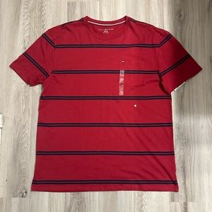 Tommy Hilfiger Men’s Red w Blue Horizontal Stripe Short Sleeve T-Shirt. …